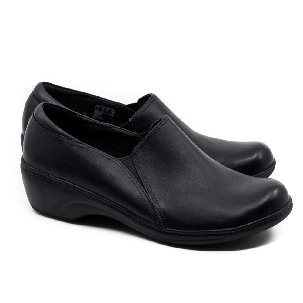 Clarks Womens Loafer Shoes Black Slip On Cap Toe Leather 10 M